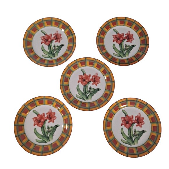 5 Amaryllis Salad Plates Christmas Blooming Flower By I. Godinger & Co. - Picture 2 of 6